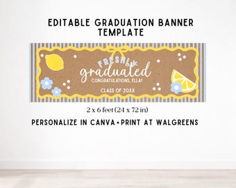 Modello di striscione di laurea modificabile con limoni e fiori, "Freshly Graduated", "Classe del 2026" (60 x 180 cm)