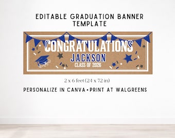 Modello di striscione di laurea modificabile, decorazione per festa di laurea per ragazzo in carta kraft blu navy (download digitale)