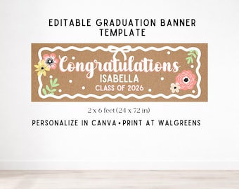 Modello di striscione di laurea modificabile, carta kraft, 2 x 6 piedi (download digitale)