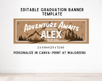 Striscione "L'avventura ti aspetta per la laurea", modello Canva modificabile, decorazioni per la festa della classe del 2026 (download digitale)