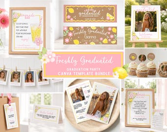 Kit per la festa di laurea, modelli Canva, decorazioni floreali rosa e limone per la festa di laurea, set stampabile per la classe del 2026, download immediato.