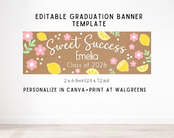 Modello di banner di laurea a tema limoni modificabile, stile carta kraft, design Canva (download digitale)