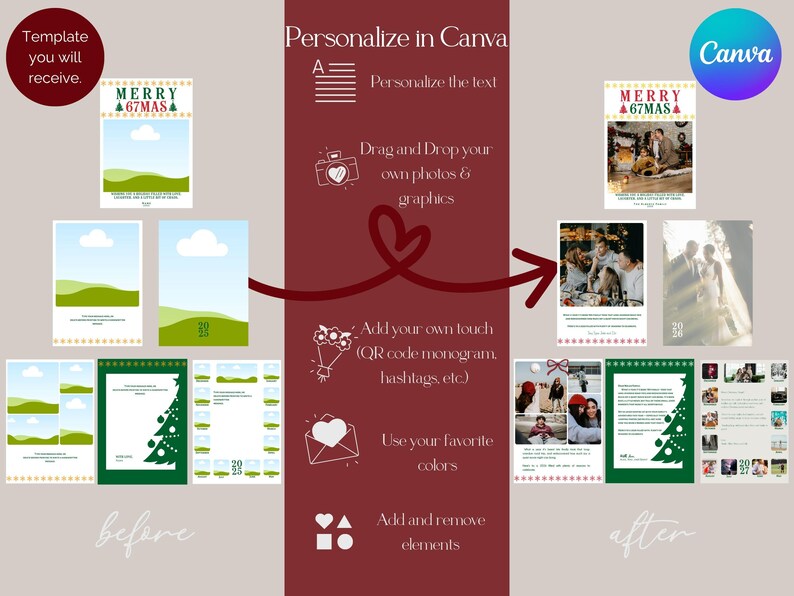 May include: A graphic showing a template for personalization in Canva. The image includes the text "Template you will receive" and "Personalize in Canva". The image shows how to personalize the template by adding text, photos, and graphics. The final product is shown on the right.