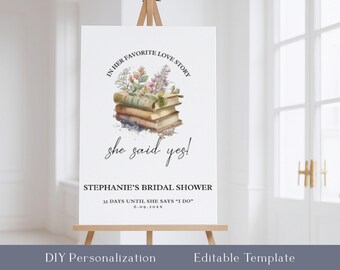 Cartello di benvenuto per addio al nubilato in stile "Libro": libri vintage, design floreale (modello scaricabile in formato PDF da Canva)