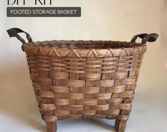 DIY Kit, Footed Storage Basket with Leather Handles,  Intermediate level, Rattan Basketweaving Supplies