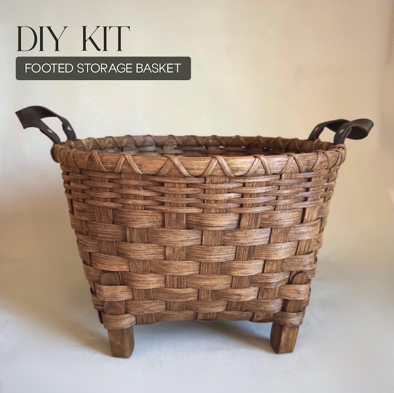 DIY Kit, Footed Storage Basket with Leather Handles, Intermediate level, Rattan Basketweaving Supplies image 1