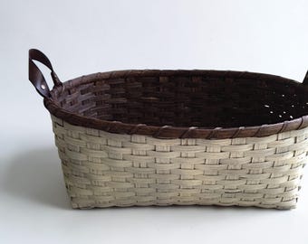 Large Oval Handwoven Rattan Storage Basket with Leather Handles, Painted Finish