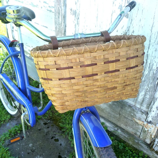 Bicycle Basket with Leather Handlebar Straps, Golden Oak Handwoven Rattan Basket