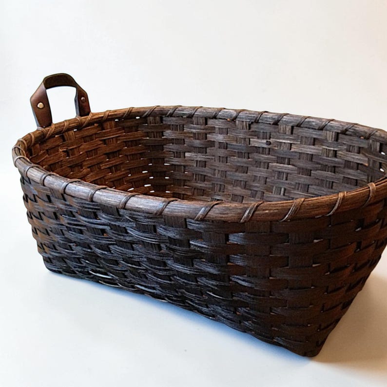 Large Oval Handwoven Rattan Storage Basket with Leather Handles, Painted Finish image 2