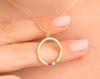 Circle Birthstone Necklace in Solid Gold, 1–8 Custom Stones, Minimalist Family Jewelry