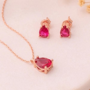 Ruby Teardrop Necklace & Earrings Set in 925 Silver or 14k Gold, July Birthstone