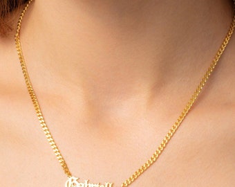 Gothic Old English Name Necklace: Sterling Silver or Gold Curb Chain