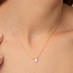14k Gold Genuine Diamond Solitaire Necklace, Dainty Floating Single Diamond, Gift for Mom, Perfect Christmas Gift for Her, Handmade Jewelry