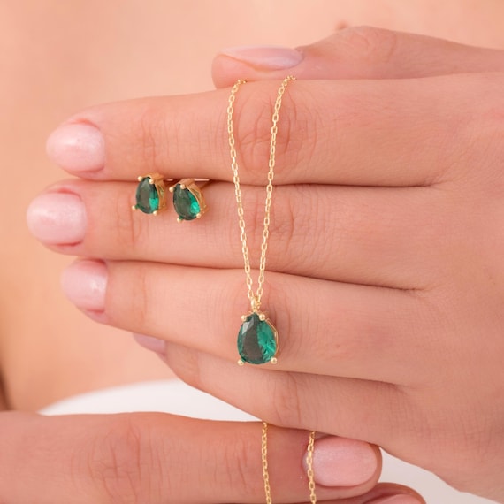 Emerald Necklace Earrings Set, Pear Shaped, Minimalist May