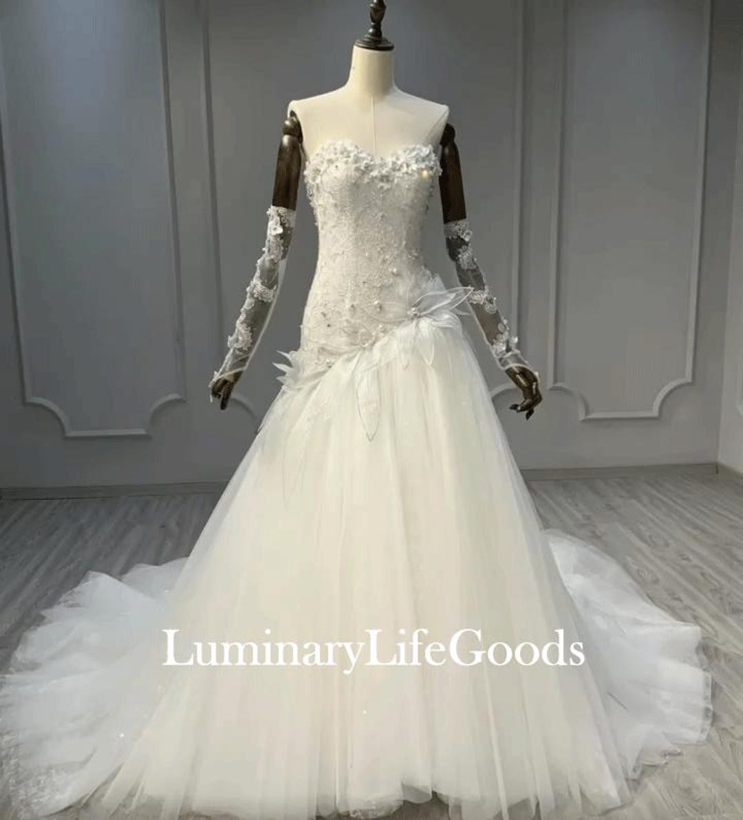 Ivory Mermaid Wedding Dress Tulle Lace Birdal Dress