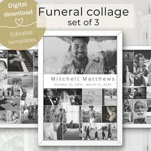 Funeral collage template set, Celebration of Life funeral photo collage sign, Memorial photo collage, Funeral welcome sign, Funeral poster