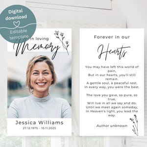 Funeral memorial card template, Funeral prayer card template Canva, Memorial poem card, Funeral poem card, Printable memorial poem template