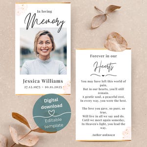 Funeral memorial prayer card template, Funeral prayer card Canva, Memorial poem card, Funeral poem card, Printable memorial poem template