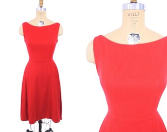 Vintage 1960s Red Wool Cocktail Dress Christmas Party | W 24"