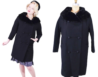 Vintage 1960s Black Coat Fur Collar Mod Double Breasted | B 44"