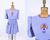 Vintage 1960s Dress Embroidered Gingham Jump Rope Girl Dress W 26 quot