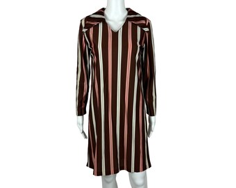 Vintage 70s Mini Dress Women's Medium Pink Brown Striped Polyester Shift