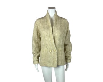 Vintage 80s Sweater Coat Women's Large Cream Acrylic Smoking Jacket