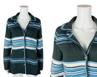 Vintage 70s Striped Sweater Jacket Blue Moss Green Acrylic Knit Cardigan B 42"