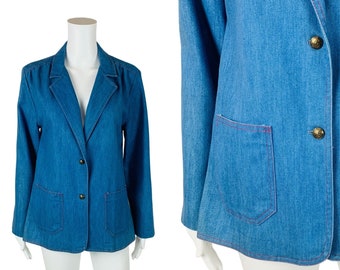 Vintage 70s Blue Denim Style Blazer Women's Jacket With Pockets B 40"