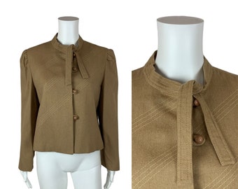 Vintage 1970s Tan Wool Jacket Women's Necktie Asymmetrical