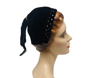 Vintage 1940s Snood Hat Black Velvet Rhinestone Headband Old Hollywood
