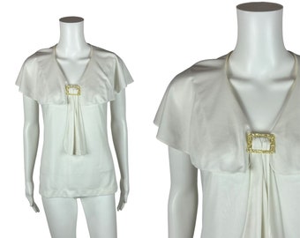 Vintage 70s Necktie Top Women's Small White Flutter Sleeves Capelet Buckle Detail Shirt