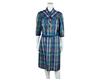 Vestido vintage de cuadros morados de los años 80 con cinturón azul / B 42"