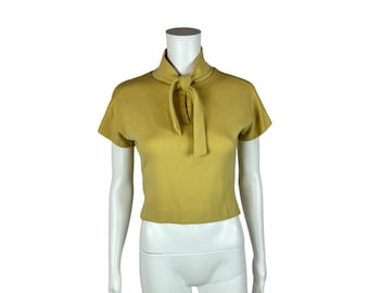 Vintage 60s Mod Top Women's Small Yellow Dolman Sleeves Knit Necktie Shirt