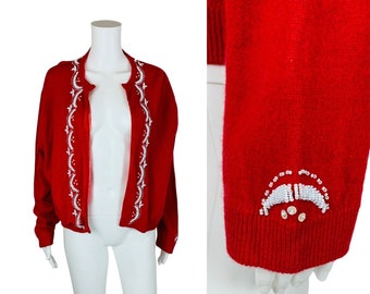 Vintage 50s Beaded Cardigan Red White Lamb's Wool Open Sweater B 50"