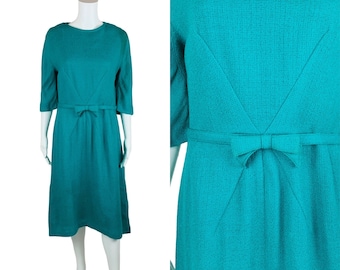 Vintage 1960s Teal Blue Dress AS IS Textured Bow Belt | W 32"