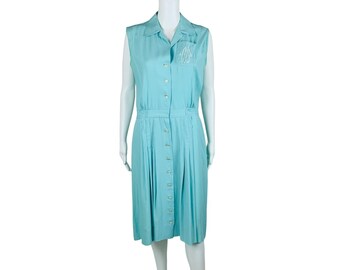 Vintage 1940s Baby Blue Shirtdress Shaker Square Embroidered Day Dress | W 31&quot;
