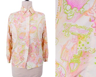 Vintage 1970s Novelty Print Top Orange Pink Blouse | W 41"