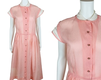 Vintage 1950s Checkered Dress Sheer Pink Rhinestone Buttons Fit And Flare | W 29"