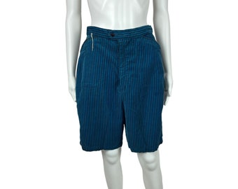 Vintage 50s Corduroy Shorts Women's Medium Blue Black Striped High Waisted Rockabilly Back Buckle