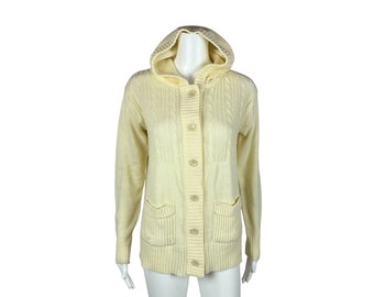 Vintage 70s Tunic Sweater Cream Acrylic Cable Knit Hooded Cardigan Boho