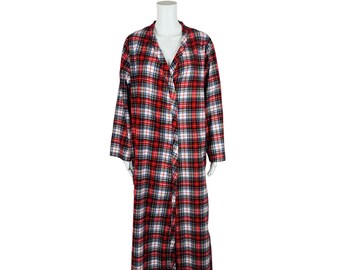Vintage 60s Plaid Robe Red Cotton Long Flannel Sleepwear