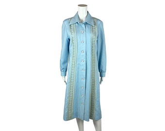 Vintage 70s Shirt Dress Women's Large Baby Blue Lace Trim Long Sleeved Shift