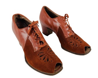 Vintage 1930s Rust Heels Easi-Gait Brown Lace Up Oxfords