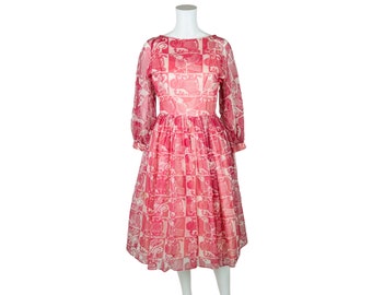 Vintage 1950s Party Dress Pink Printed Chiffon Tulle Skirt Princess Gown