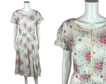 Vintage 50s Floral Dress Women's Small Pink Floral Dotted Swiss Sheer Fit Flare R&K Originals