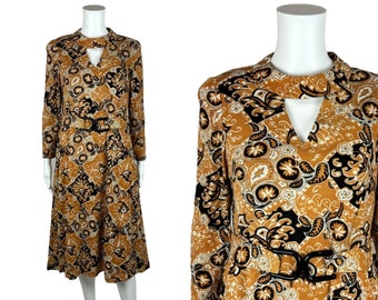 Vintage 70s Paisley Dress Women's Large Keyhole Neckline Long Sleeves Belted Boho