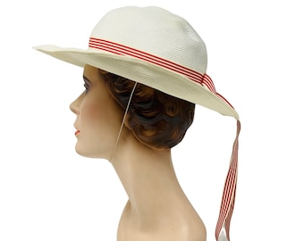 Vintage 1950s White Sun Hat Red Striped Ribbon Chin Strap Bonwit Teller Dapper