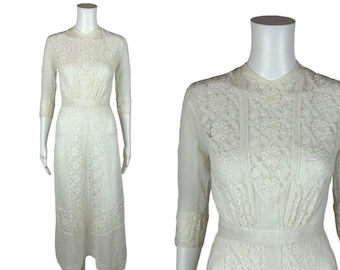 Vintage 1900s Lace Wedding Gown Women's XXS Edwardian Lawn Dress The Waldorf