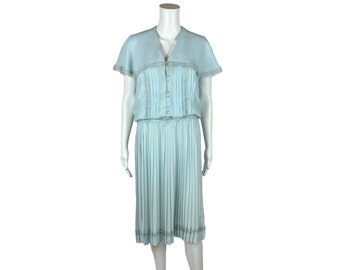 Vintage 80s Baby Blue Dress Women's Medium Large Collar Pleated Skirt Sheath